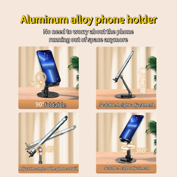 Foldable Phone Stand For Desk - Height Adjustable Cell Phone Holder Portable Cellphone Cradle Desktop Dock Metal Base 360 Degree Rotatable Compatible With Phone Tablet PC - Image 2